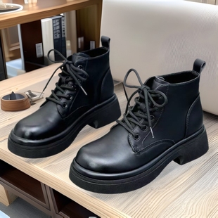 Counter Quality Boots for Women Autumn and Winter Fleece-Lined Short Boots 2024 New Flats Boots British Thick Heel Leather Shoes Preppy