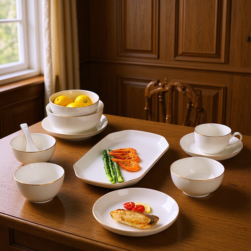 Pure White Ceramic Tableware Set Phnom Penh Ceramic Bowl Round Plate Square Plate Hotel Chopsticks Spoon 16 Sets 18 Sets Accessible Luxury