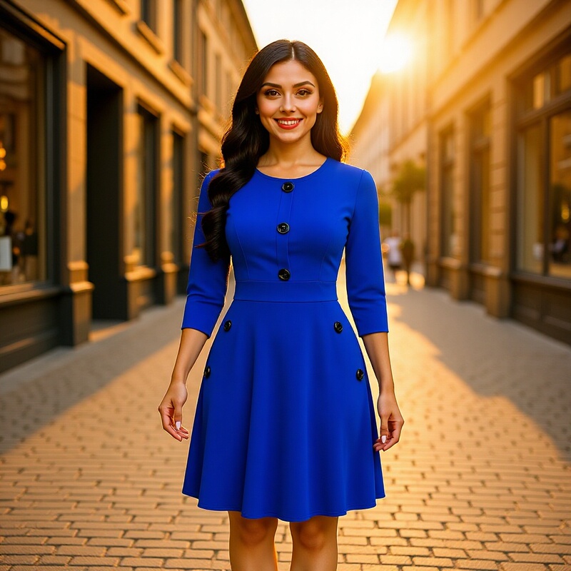 2024 Plus-Size European and American Style Solid Color Round Neck Short-Sleeve Three-Quarter Sleeve Buttoned Waist-Cinching A-Line Dress Vacation Beach Dress