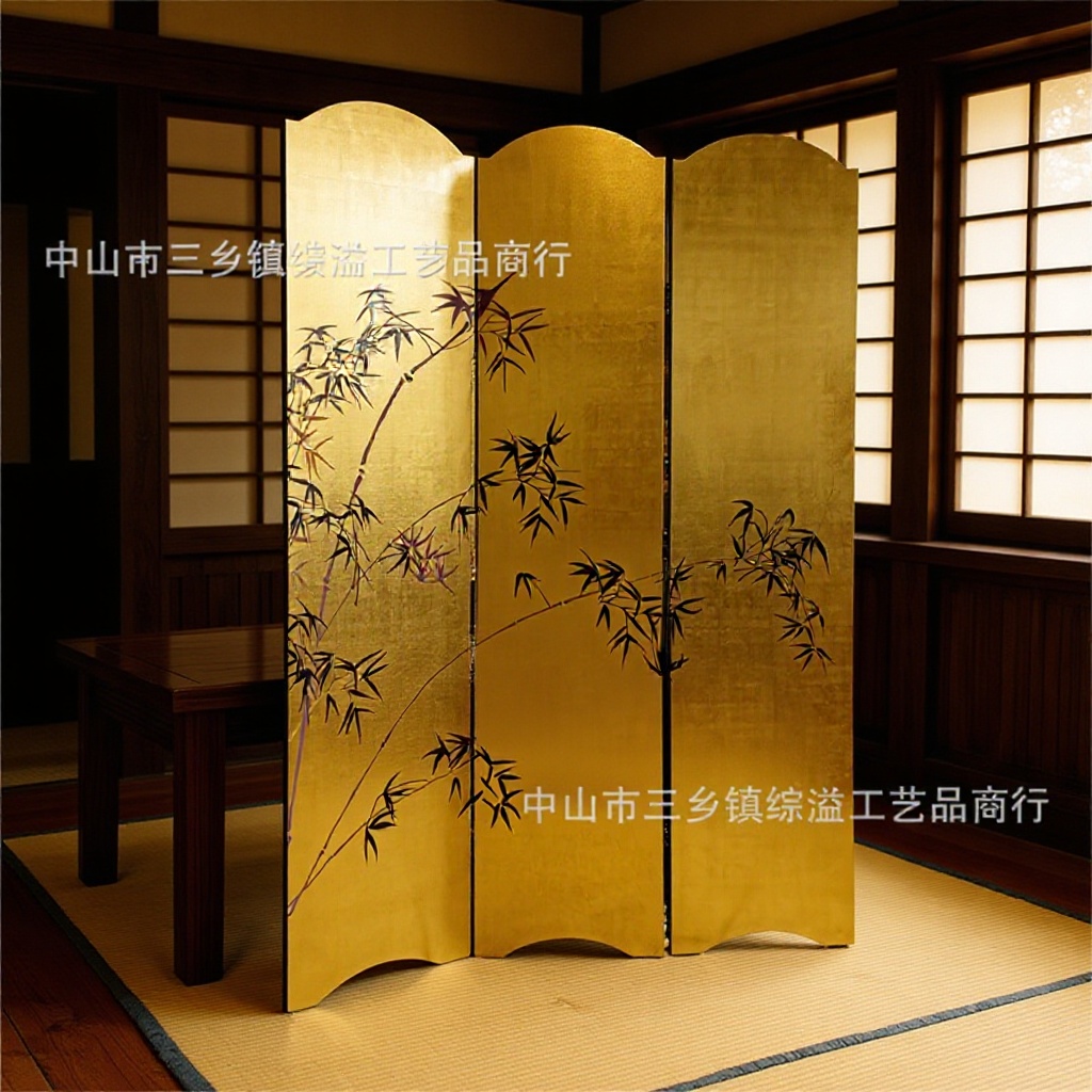 Gold foil screen hand-painted bamboo new Chinese style villa living room office club hotel restaurant mobile folding screen
