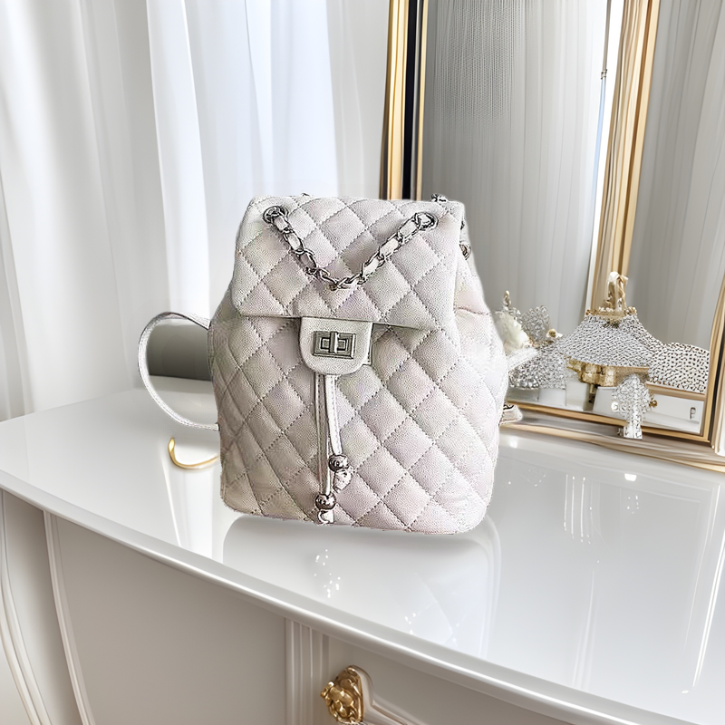 2025 New Women's Bag Cowhide Small Chanel Style Caviar Diamond Plaid Chain Backpack Large Capacity Fashionable Small Backpack