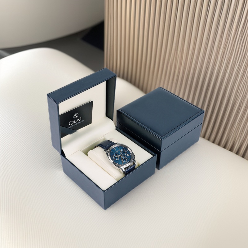 In-Stock Dark Blue Leather Dustproof Watch Box Flip-Top Display Packaging Box Single Piece Wholesale Can Be Printed with Logo