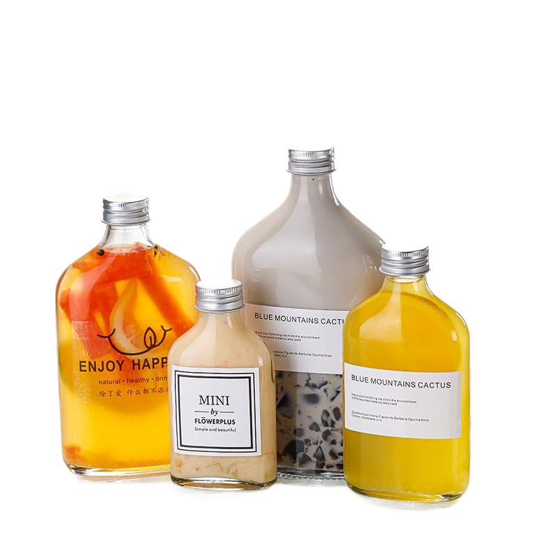 Amazon oblique shoulder beverage bottle curved flat bottle fruit juice coffee bottle small wine bottle new takeaway milk tea glass empty bottle