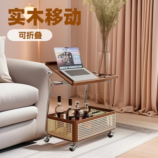 Solid Wood Movable Side Table, Medieval Storage Trolley, Living Room Sofa Storage Rack, Multi-Functional Household Corner Table