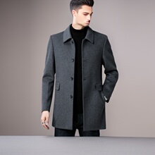 2025韩版大衣男士中长款双面呢子风衣爸爸装四季季翻领毛呢外套