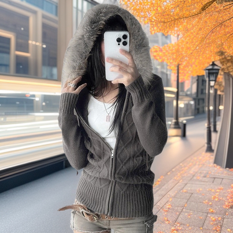 2025 Autumn and Winter Vintage Twist Zipper Cardigan Sweater Slim Fit Hot Girl Warm Furry Hooded Coat Gothic Style