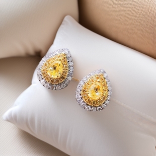 18K gold set diamond earrings egg-shaped water droplets yellow diamond group set 30 points simple women's earrings with certificate