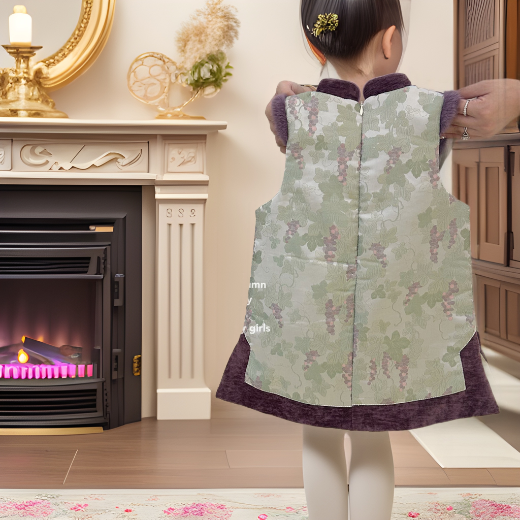 [Ropa para niños Le En] Vestido de año nuevo de invierno para niñas Falda cheongsam de uva púrpura Estilo chino Conjunto de falda de chaleco retro