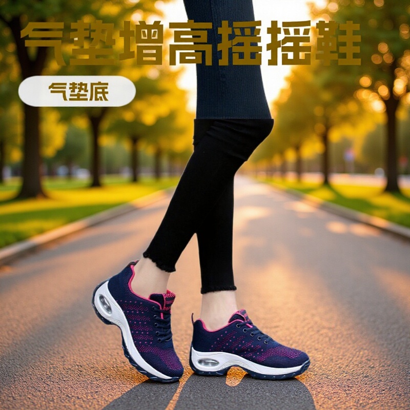 Cross-Border Large Size 35-42 New Casual Air Cushion Fly-Knit Women's Shoes Sports Shoes Breathable Mesh Shoes Increased Rocking Shoes