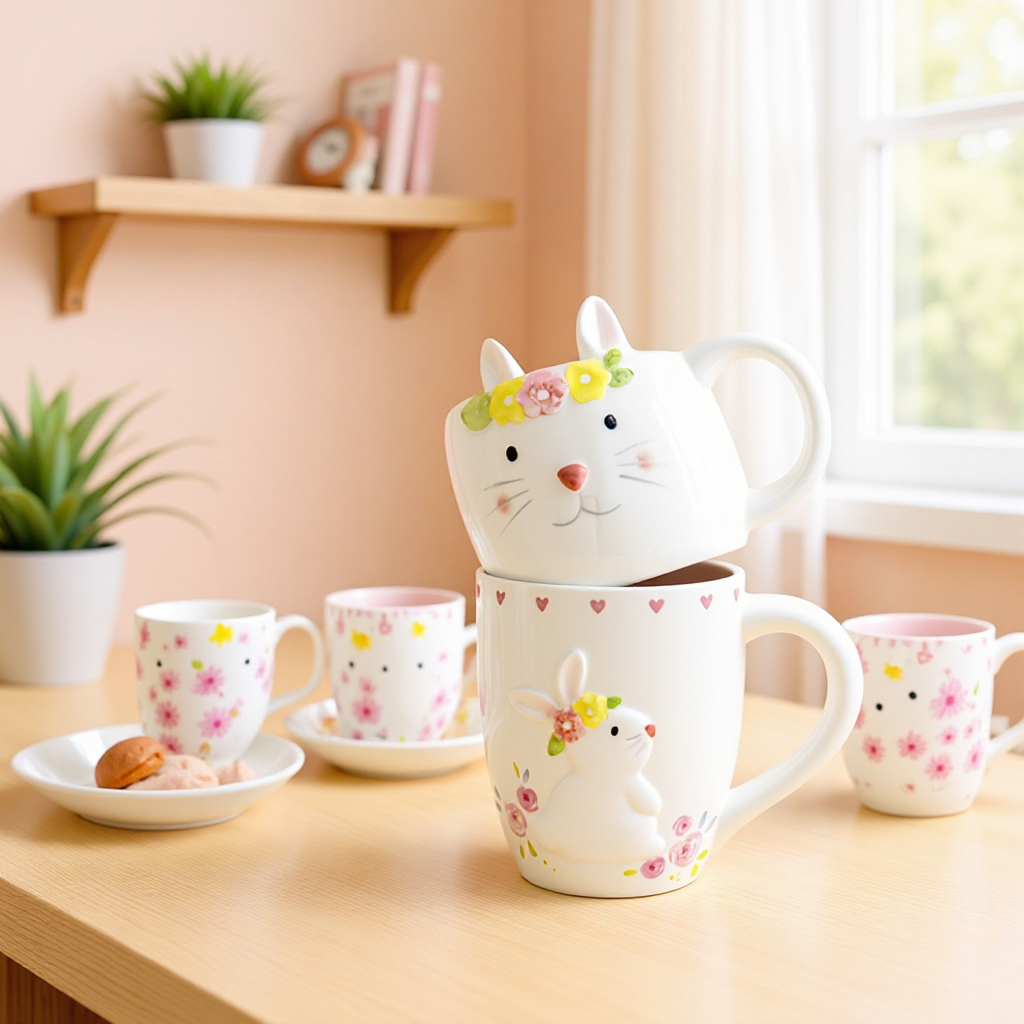 Inventario encantador nórdico conejo taza de agua de cerámica doméstica flores de conejo taza de desayuno de leche de doble cara