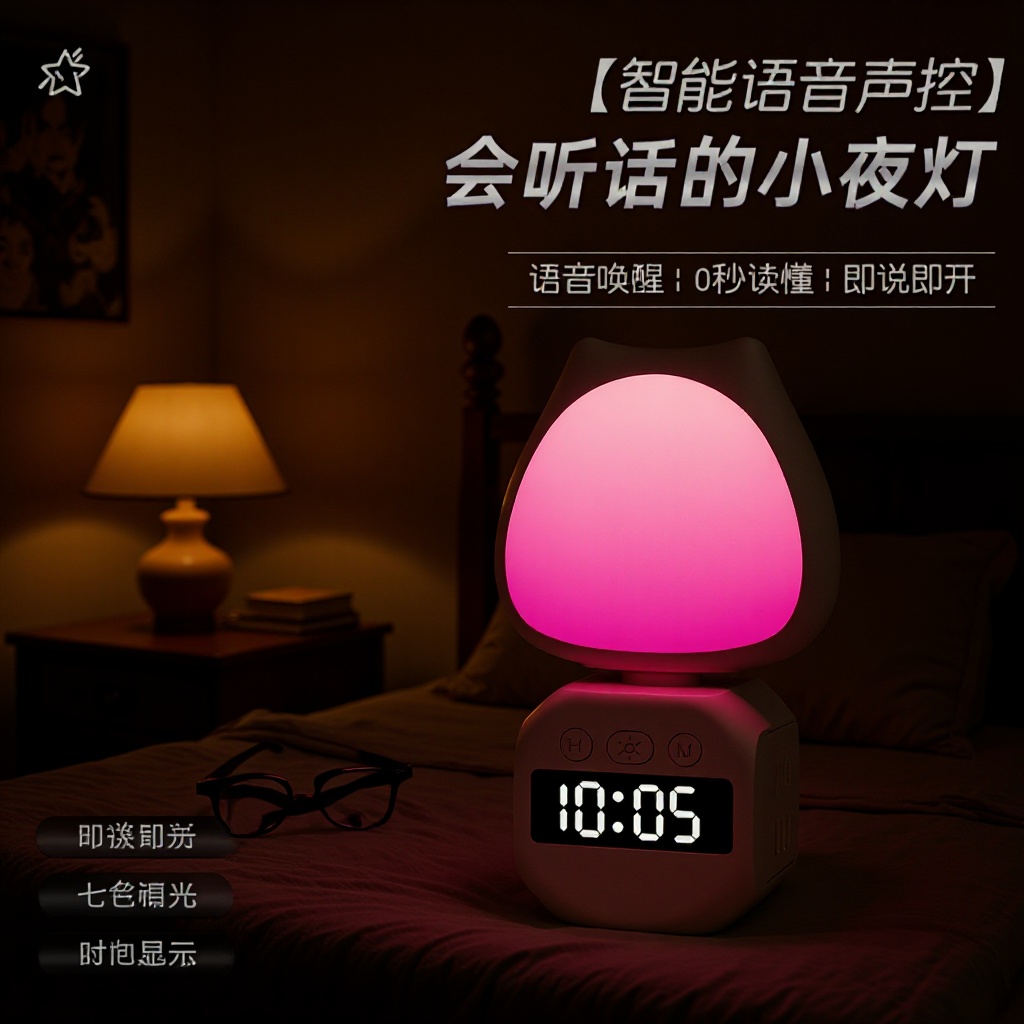 【七色可调】350度旋转护眼智能语音控制带时钟显示夜灯排插两用