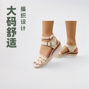Foreign Trade Large Size Wedge Sandals 2025 Summer New European and American Fashion Woven One-Line Buckle Women's Wedge Sandals