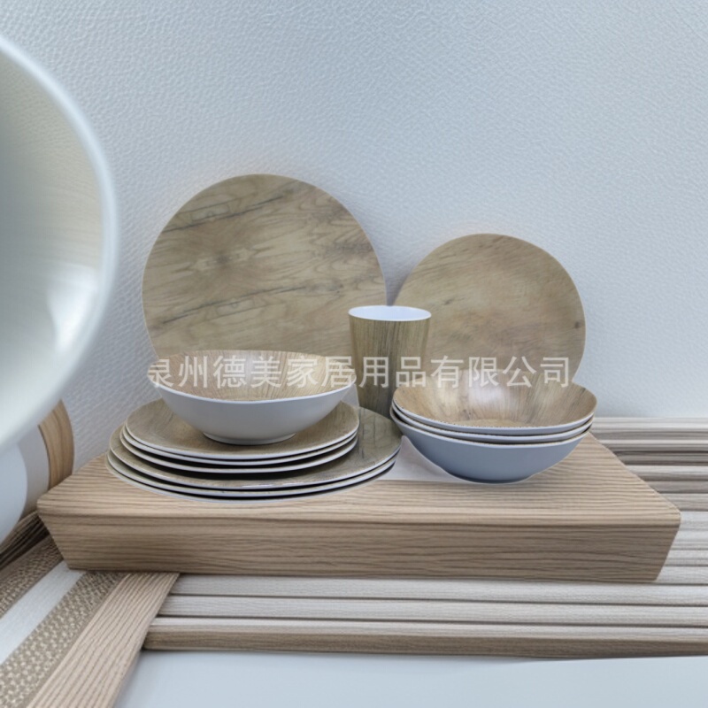 16-Piece Wood Grain Melamine Plate, Bowl, Cup and Tableware Set, Melamine Tableware, Camping Style Picnic Tableware