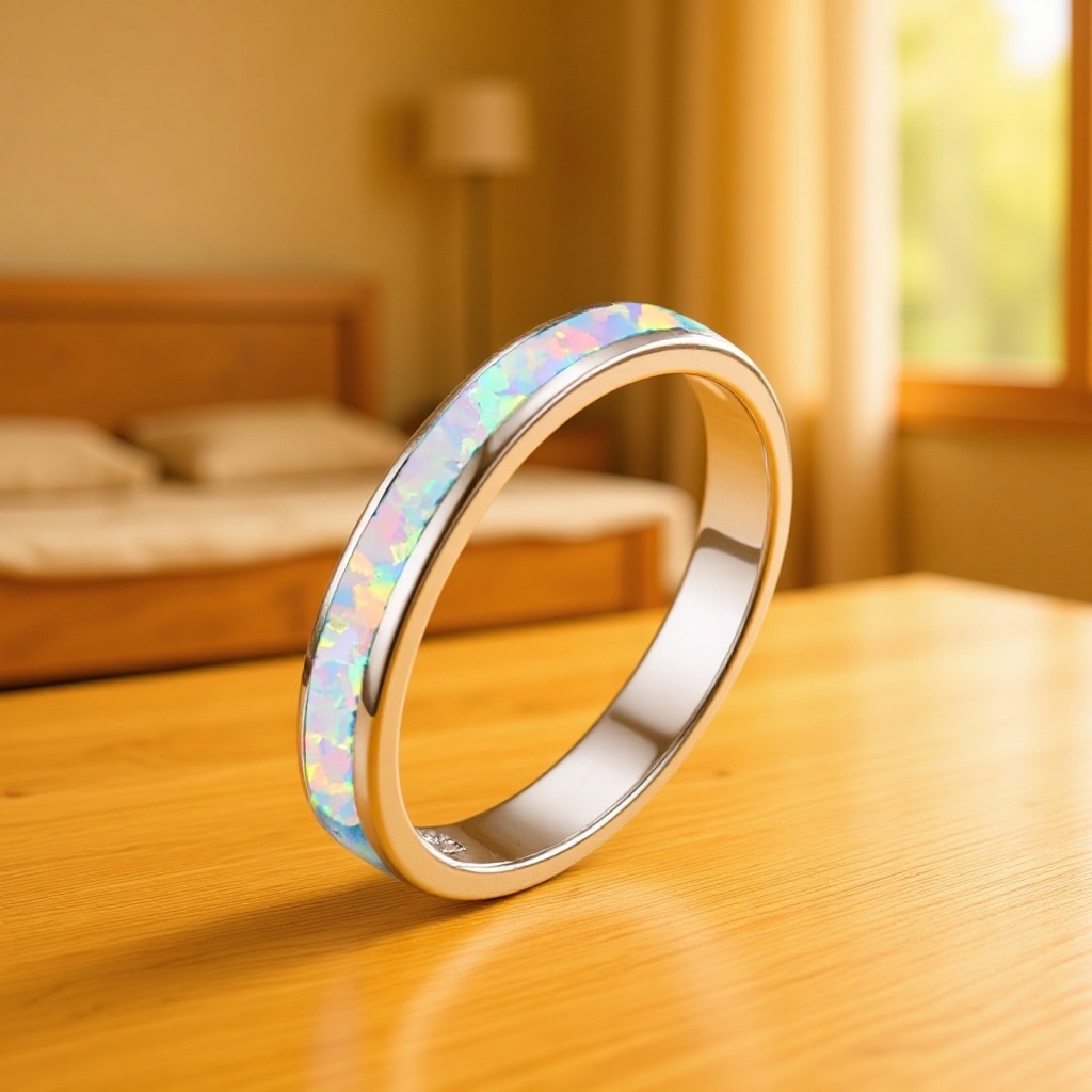 Minimalist and Stylish Single-Circle Blue Opal Ring, Exquisite Engagement and Wedding Ring, Unique and Elegant Geometric Fashion Jewelry