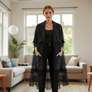 2024 autumn new Korean plus size stitching mesh hollow niche design fashion cardigan long coat