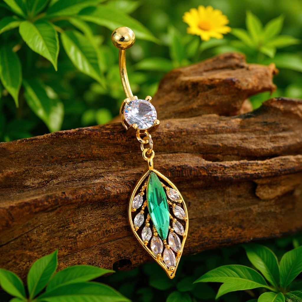 Shiny Zircon Green Leaf Navel Ring Elegant Body Piercing Jewellery_voghion.com