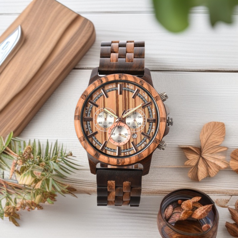 跨境热销男士木头石英手表霸气多动能运动表檀木WOOD WATCH木表