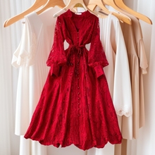 外贸高级感名媛优雅重工刺绣V领灯笼袖连衣裙女装收腰显瘦大摆长