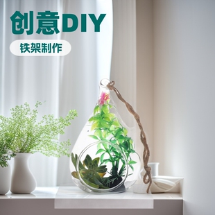 Water drop glass micro landscape vase creative hanging succulent moss plant iron frame vase home decorations