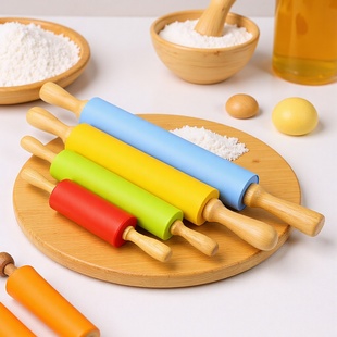 Factory direct large silicone rolling pin solid wood handle roller non-stick rolling pin stick flour stick