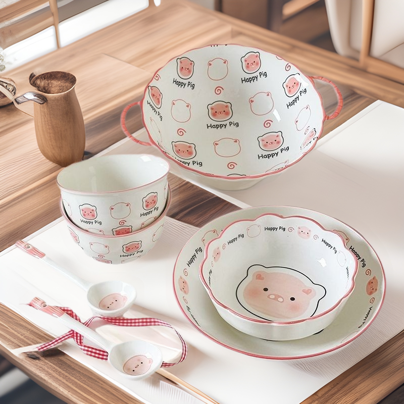Cartoon cute pig dish plate suit household high color value ceramic rice bowl plate new handle instant noodle bowl tableware