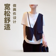 假两件拼接马甲短袖T恤女2025夏季新款时尚百搭宽松