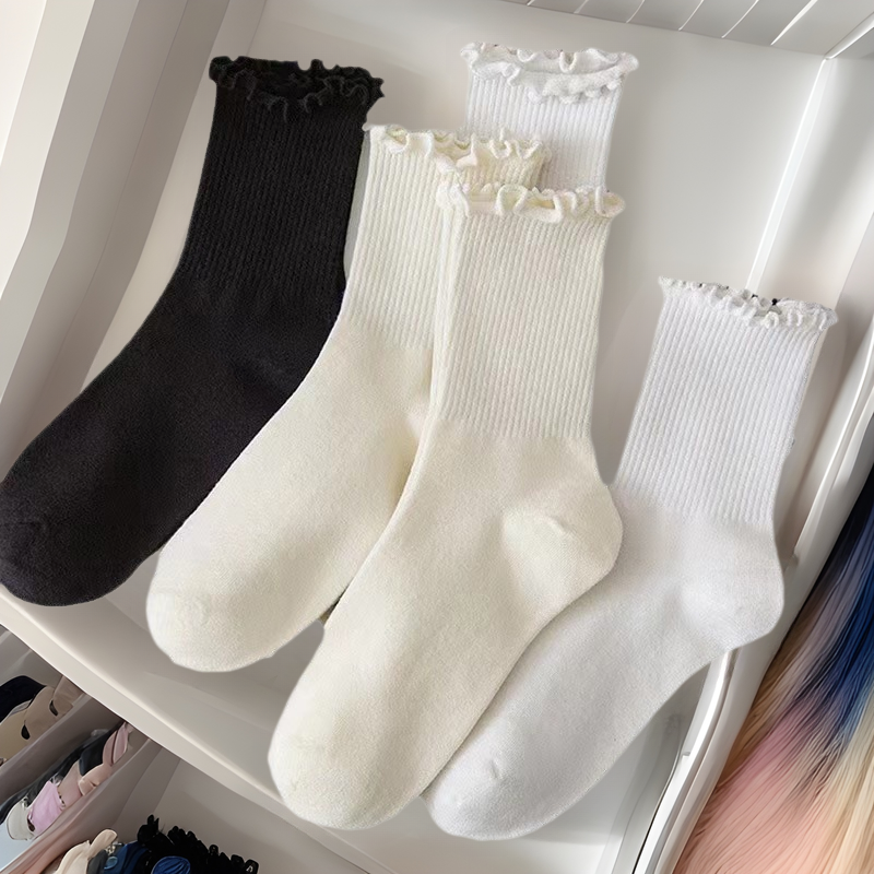 Loli Ruffle Jk Socks All-Season Mid-Calf Socks Spring and Summer Solid Color Slouch Socks Japanese Lace Socks Long Socks