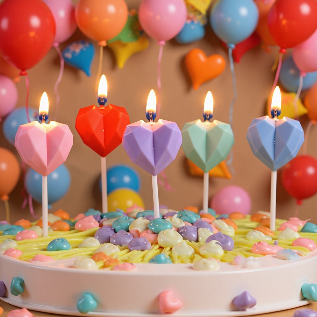 Día de San Valentín, Día de San Valentín chino, pastel de cumpleaños, velas en forma de corazón, decoraciones de corazones de diamantes de colores, velas para pastel sin humo