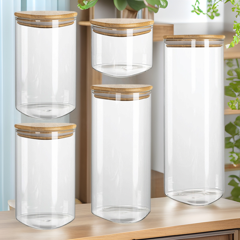 Cocina de almacenamiento de vidrio triangular cubierta de bambú y madera tanque de almacenamiento transparente para el té doméstico granos de café tanque de sellado mayorista