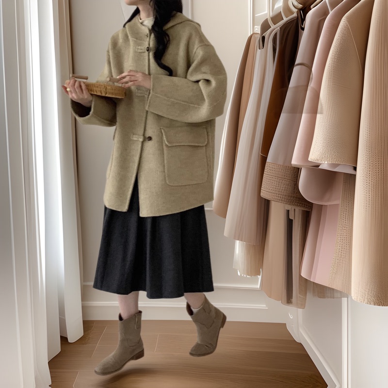 2025 Autumn/Winter New Double-Sided Wool Coat for Petite Women, Hooded, Loose, College Style, Versatile Woolen Jacket
