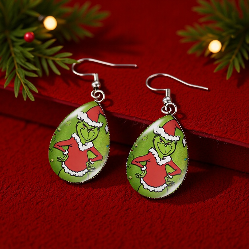 Grinch Christmas Earrings Frogman Waterdrop-Shaped Time Gemstone Monster Green Furry Monster Earrings Holiday Style Earrings