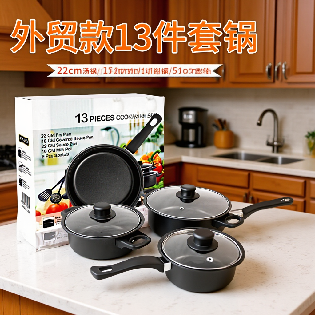 Foreign Trade Cookware 13-Piece Set Non-Stick Pot Soup Pot Stew Pot Frying Pan Multi-Piece Kitchen Cookware English Neutral Color Box
