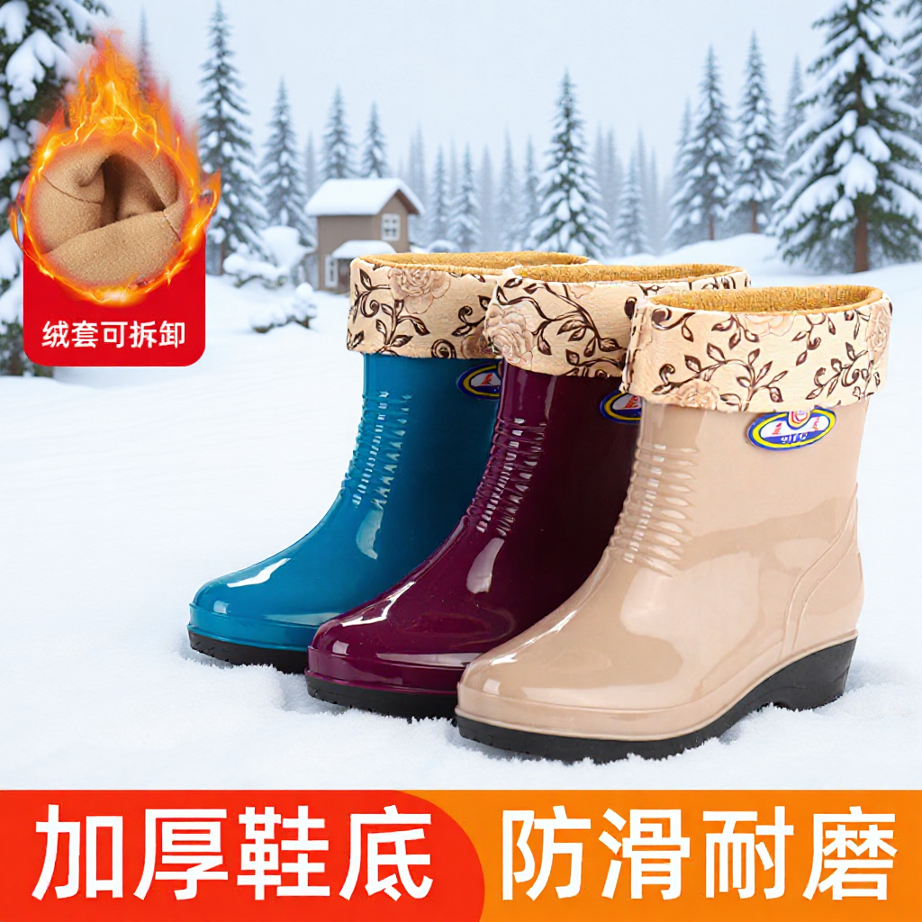 New Style Kitchen Mom Waterproof Winter fleece-lined Rain Boots Non-Slip Thickened Mid-Tube Fashionable Adult Rain Boots for Women