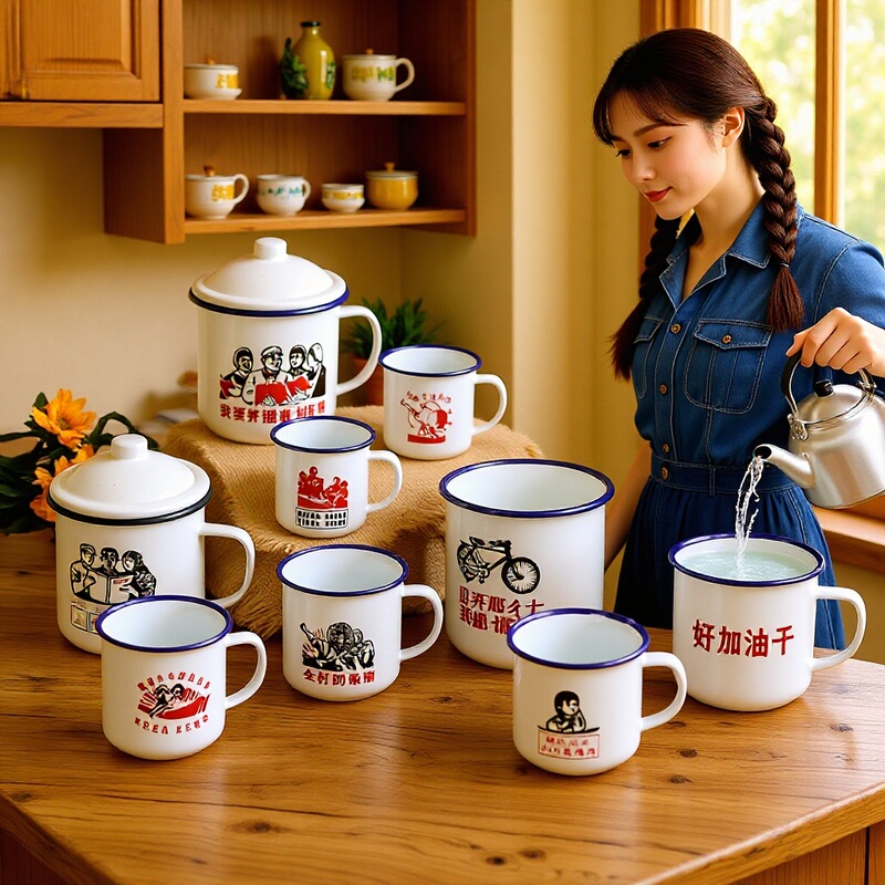 Enamel Cup Mug Vintage Retro Large Tea Pot with Lid Large Capacity Iron Enamel Water Cup Thickened Imitation Enamel