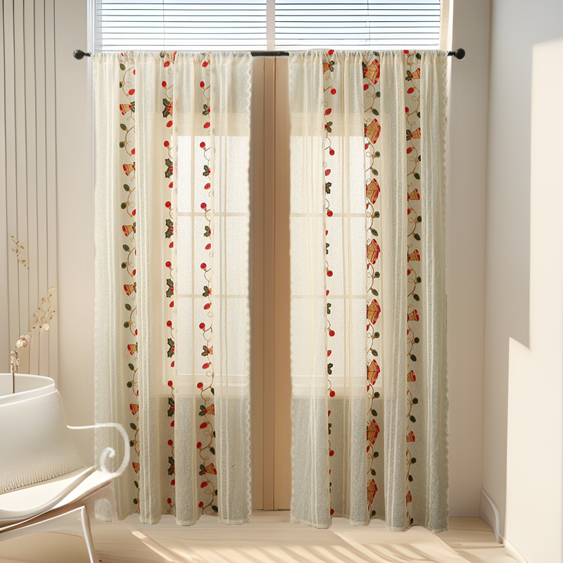 Beige Bell embroidered window screen semi-shading living room balcony partition gauze curtain finished product factory direct supply