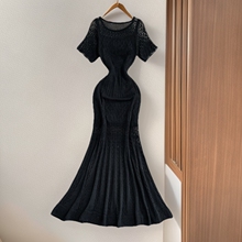 欧美法式复古镂空针织连衣裙女夏季新款气质收腰显瘦中长款a字鱼