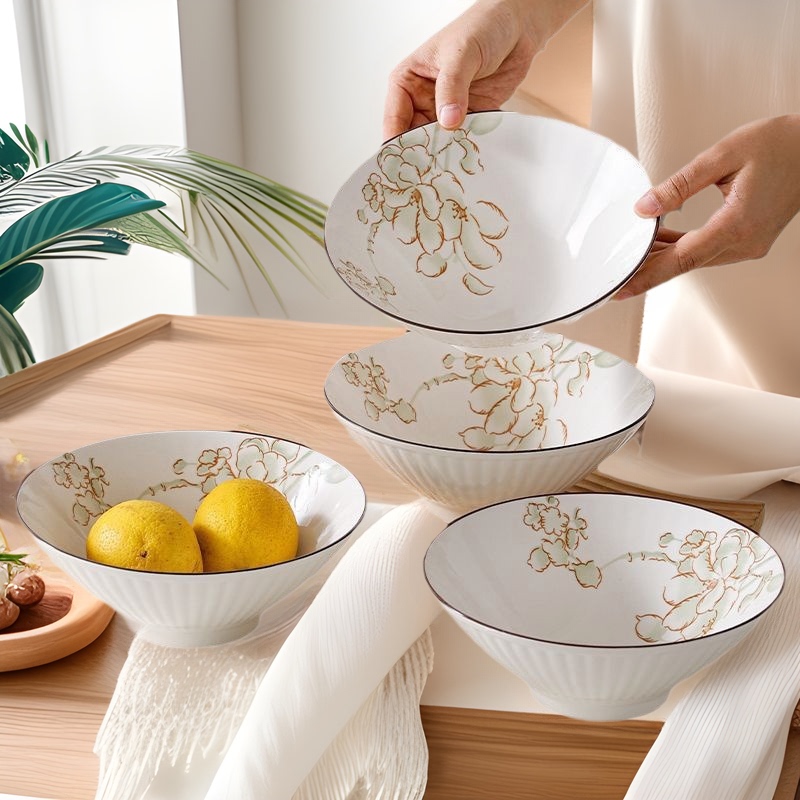 Magnolia Dish Set Household Ceramic Scandinavian Creative Deep Dish Tableware Bowl and Plate Combination Soup Bowl Rice Bowl White Porcelain