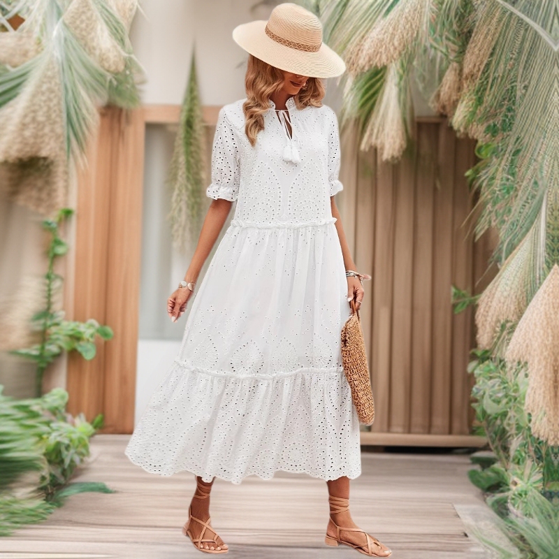 2025 European and American Women's Fashion V-Neck Embroidered Cotton Dress with Slit at the Neckline, Tie-Up, Patchwork, Long A-Line Dress, Elegant Workwear Style 2025 European and American Women's Fashion V-Neck Embroidered Cotton Dress with Slit at the Neckline, Tie-Up, Patchwork, Long A-Line Dress, Elegant Workwear Style
