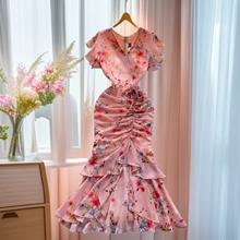 欧美高冷御姐女神范连衣裙抽褶绑带收腰不规则碎花雪纺鱼尾裙礼服