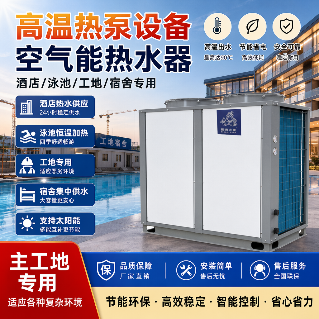 高温热泵设备酒店泳池机工地宿舍空气能太阳能热水器东南亚安装