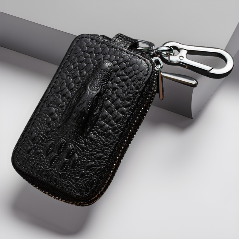 Crocodile Pattern First-Layer Cowhide Car Key Bag Waist Hanging Double-Layer Zipper Multi-Functional Large-Capacity Universal Key Bag