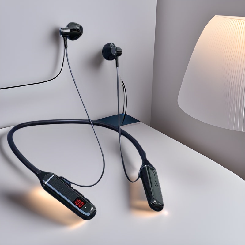 Neckband Digital Display Wireless Bluetooth Headset, Dual-Ear Neck-Mounted, 500 Mah Ultra-Long Battery Life, Huaqiangbei Bluetooth 5.0