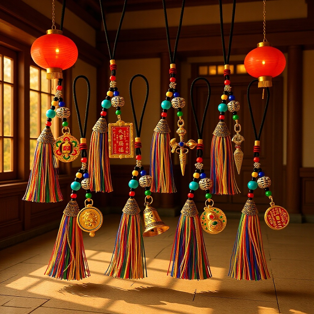 汽车挂饰同款藏式五彩流苏五路财神挂绳摇铃云南旅游景区纪念品