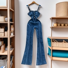 外贸韩版时尚无袖背带裤女2024冬新款港味复古金属扣高腰显瘦牛仔