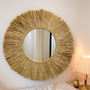 Rafi Grass Round Woven Makeup Mirror Living Room Entrance Art Photography Decorative Mirror Studio Homestay Wall Hanging Mirror