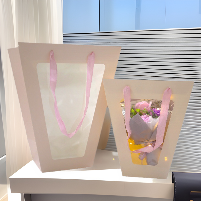 梯形透明开窗手提袋情人节手拎袋鲜花包装纸袋大号伴手礼品袋礼盒