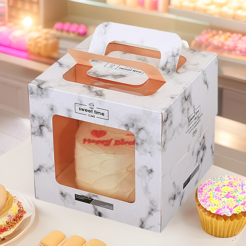 ins北欧大理石纹4/6/8/10寸双层加高手提蛋糕透明开窗烘焙包装盒