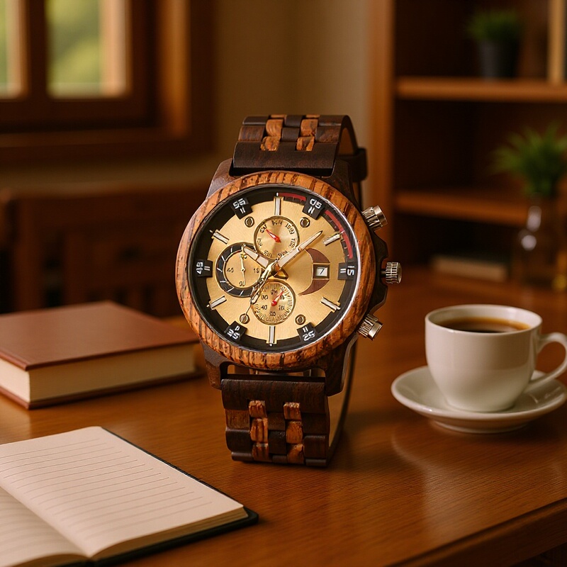 Amazon's Best-Selling Men's Sandalwood Quartz Watch Cross-Border E-Commerce Ready Stock Three-Eye Multi-Function Large Dial Wooden Watch