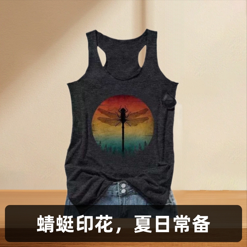2023 Europe and the United States cross-border Amazon summer explosions leisure I-shaped vest Dragonfly printed round neck sleeveless T-shirt