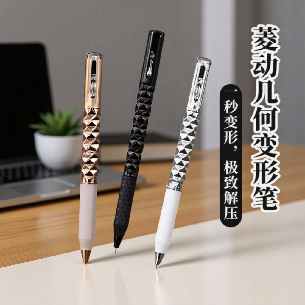 Geometric Refill Deformation Decompression Ballpoint Pen, Cool Black Technology Gel Pen, Multifunctional Diamond-Shaped Exam Pen, Black